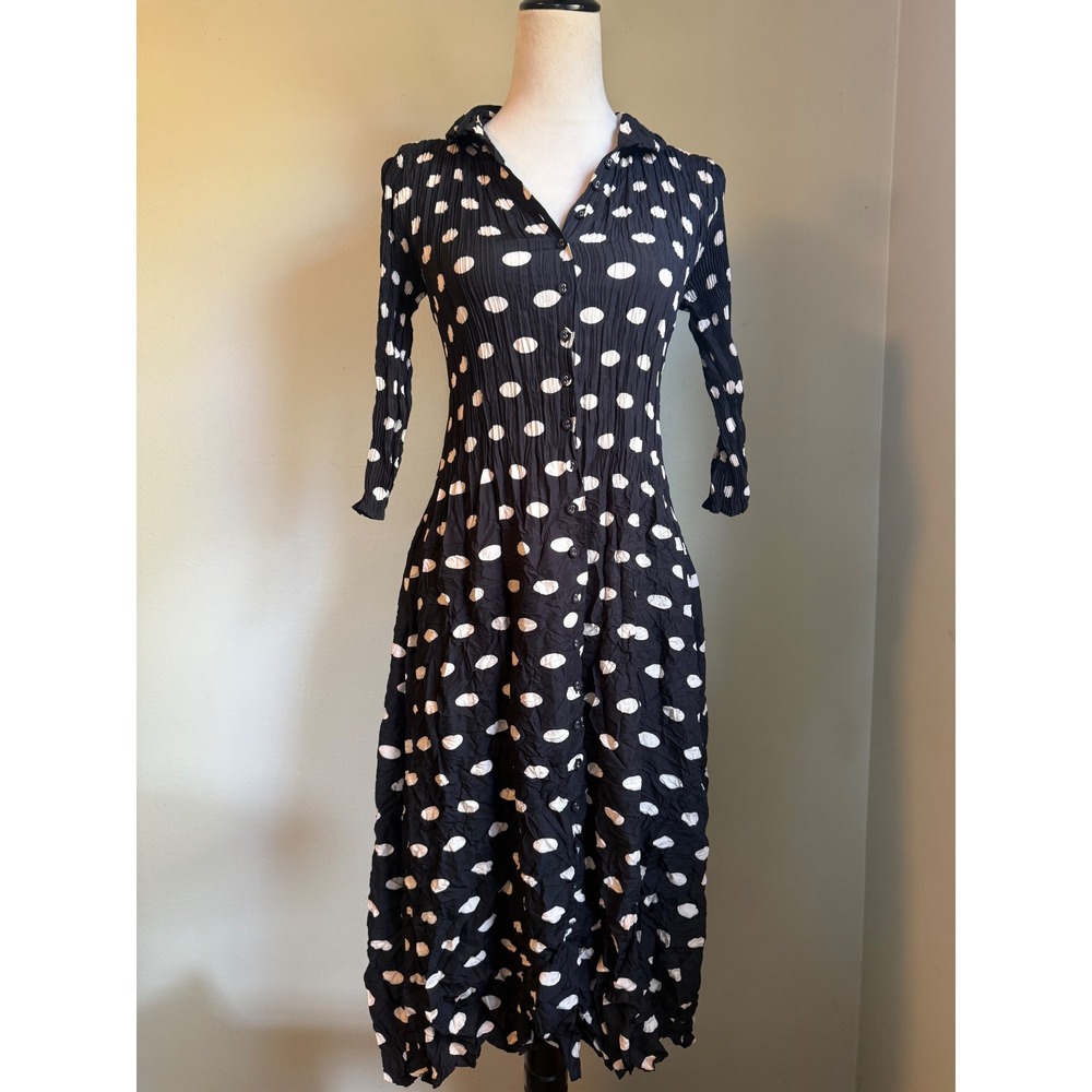 Alquema 0 2 4 Estrella Dress Black White Polka Dot Pleated Button prep Midi boho